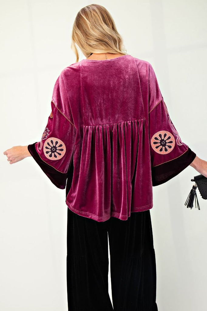 Velvet Embroidered 3/4 Sleeve Top