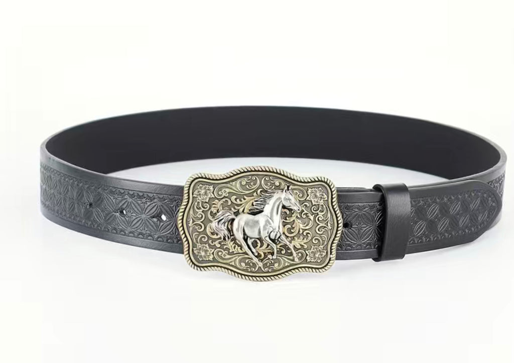 Horse Belt Buckle on Black Embossed Belt