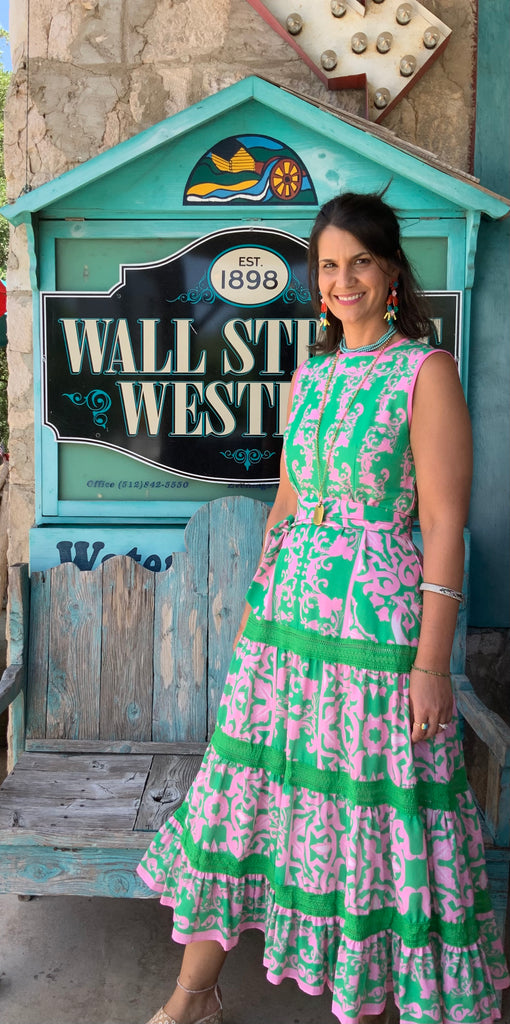 Green Pink Pattern Dress Linen Blend