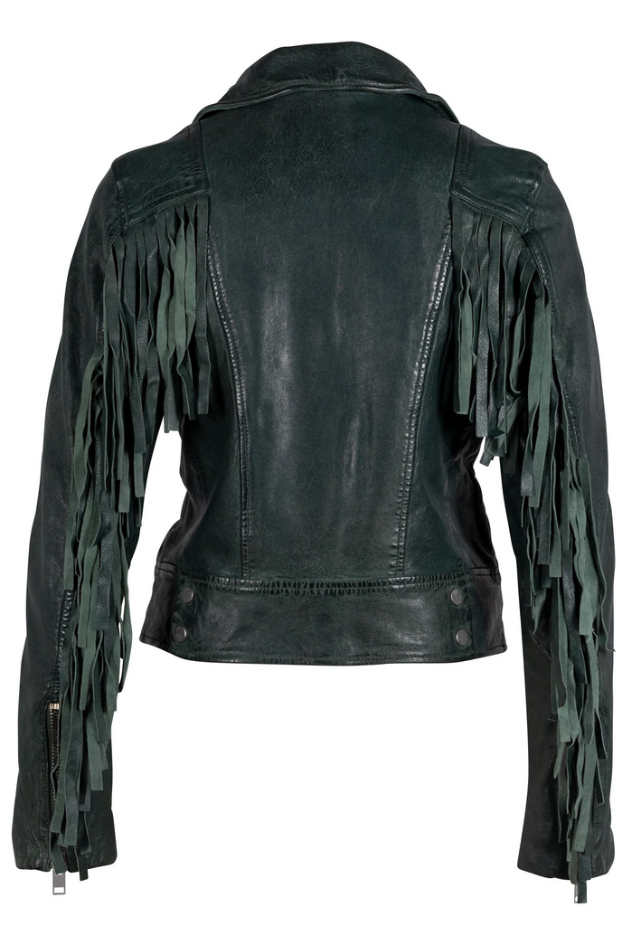 Zoe RF Leather Fringe Jacket, Dark Cedar