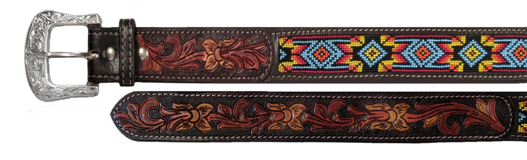 Leather Beaded Belt with Tooling