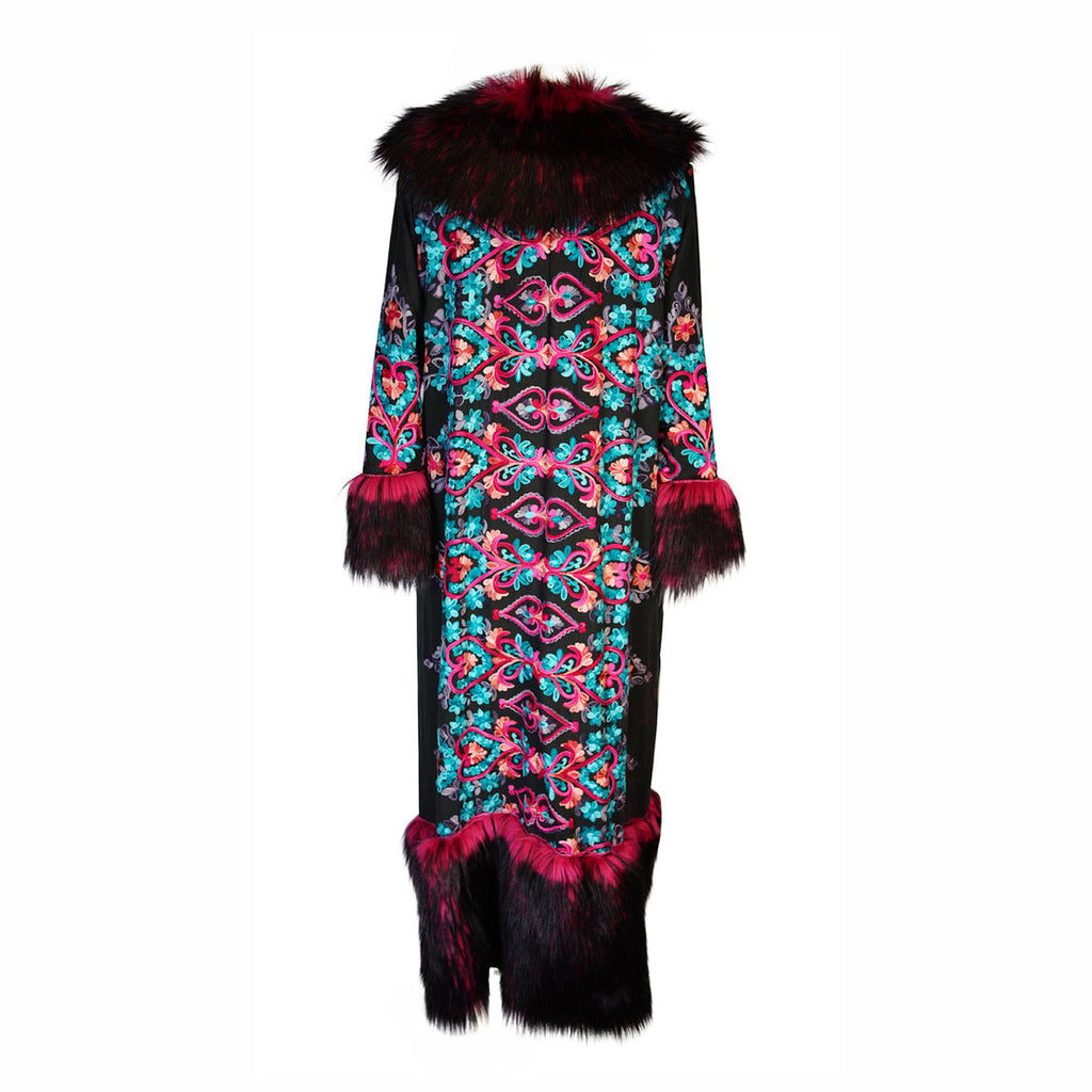Penny Deluxe Kahlo Embroidered Faux Fur Jacket Coat S