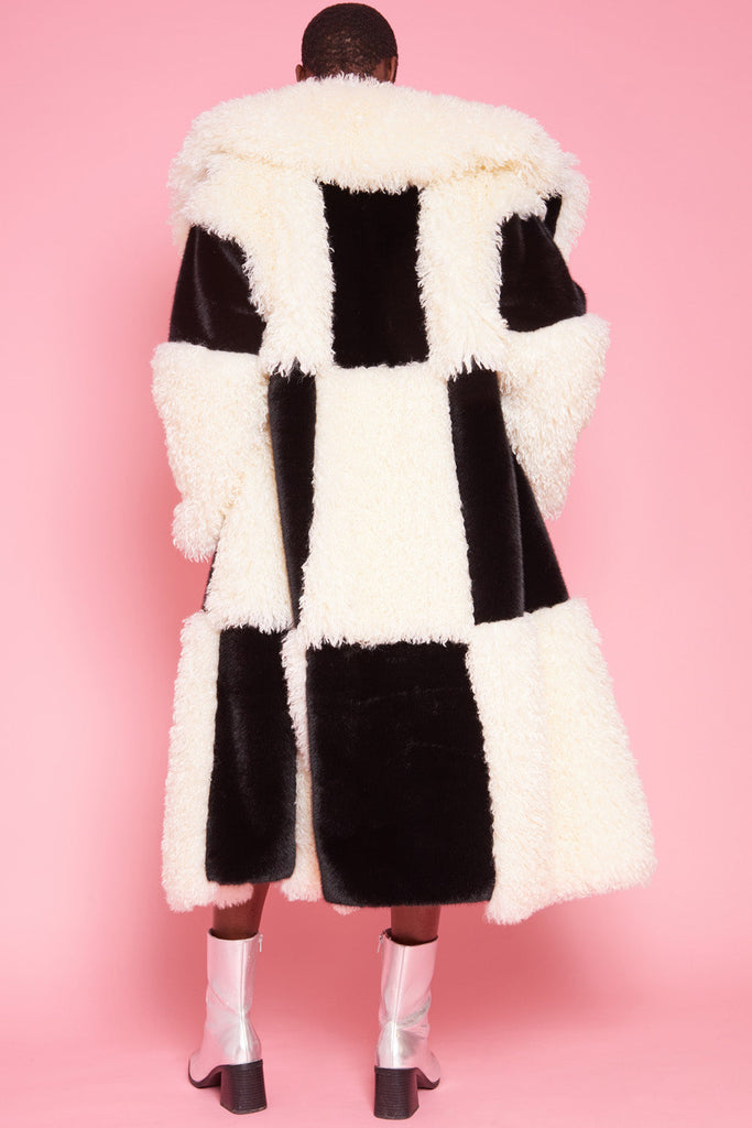 Mongolian  Faux Fur Bamboo Black & White Maxi Coat