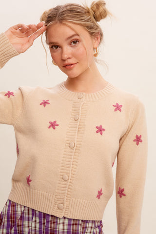Floral Embroidered Sweater Weaved Crop Cardigan