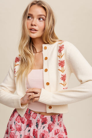 Flower Detailed Button Front Cropped Cardigan