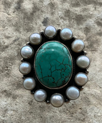Turquoise and Pearl Ring in Sterling
