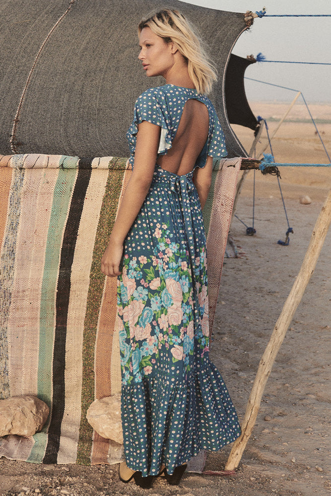 Cornflower Blue Yellow Rose Maxi Skirt