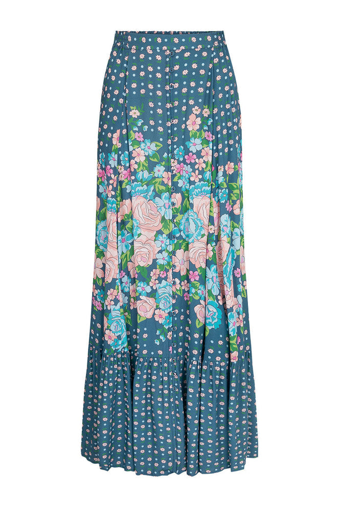 Cornflower Blue Yellow Rose Maxi Skirt