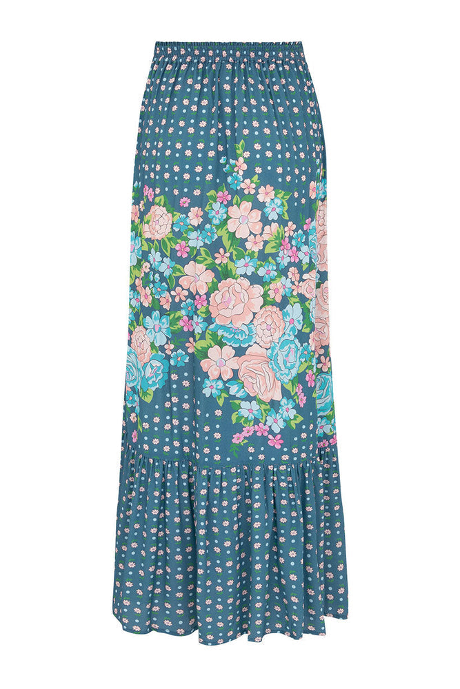 Cornflower Blue Yellow Rose Maxi Skirt