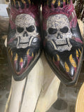 Hand Tooled Skull Guitar Flames Boots 6.5
