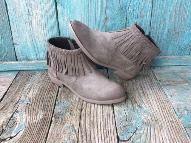 Short Grey Suede Fringe Boots