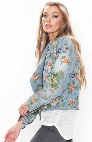 Lucinda Floral Embroidered Moto Denim Jacket