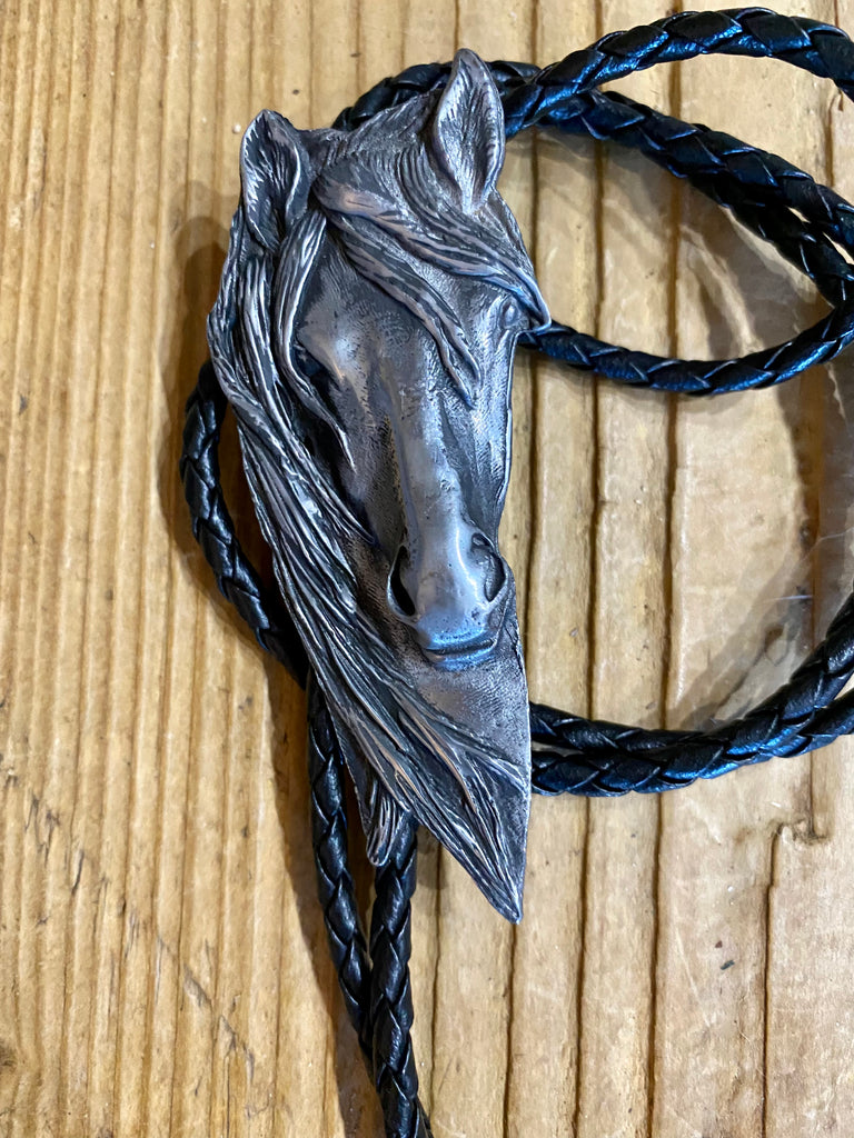 Silver Patina Engraved Horse Head Bolo