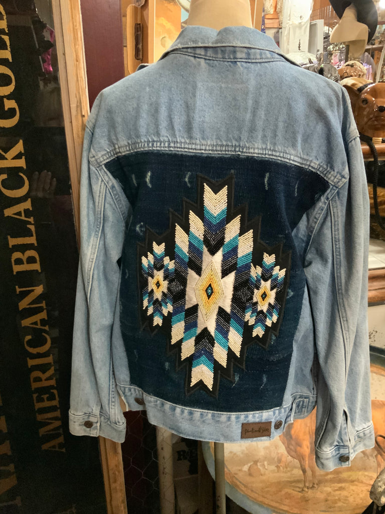 Distressed Denim Hand Beaded Navajo Design Jacket