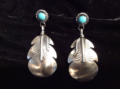 Sterling Silver Feather Earrings w/ Turquoise