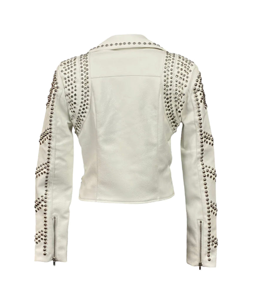 Pleather White Moto Studded Jacket