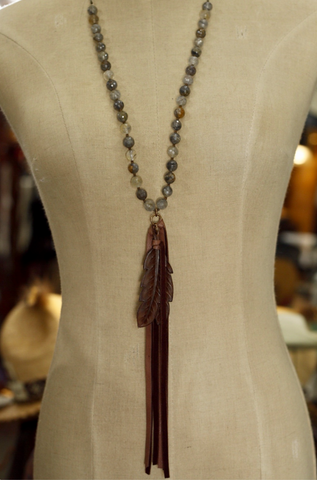 Grey Quartz w/ Chocolate Double Feather Necklace