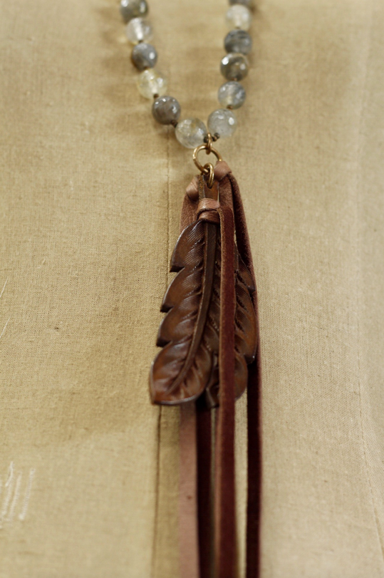 Grey Quartz w/ Chocolate Double Feather Necklace