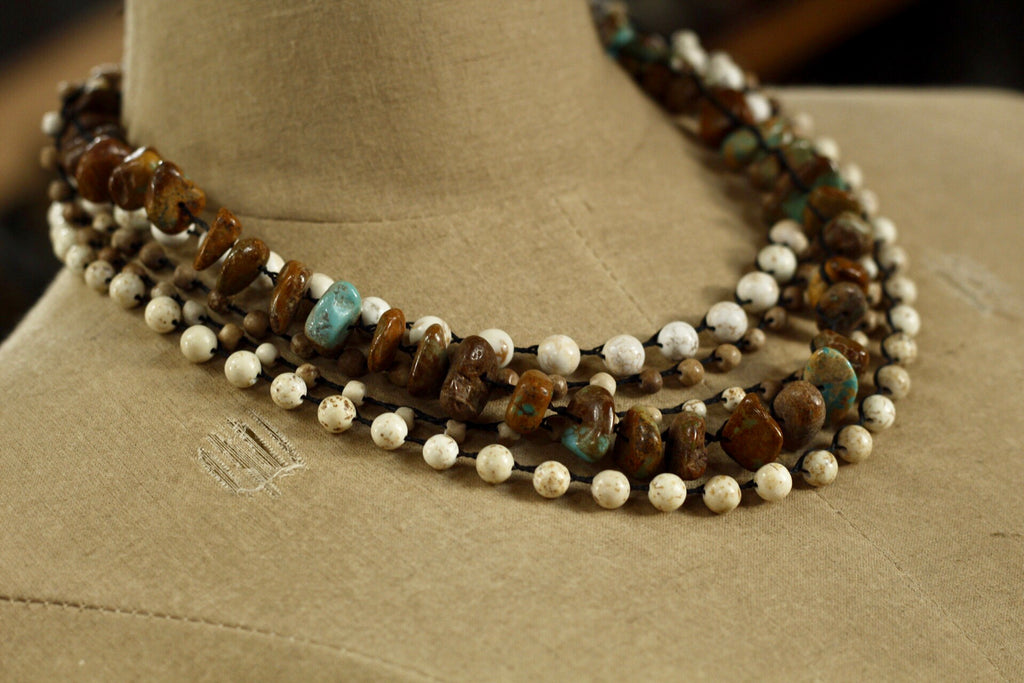 Hand Knotted Turq, Agate 5 Strand Necklace