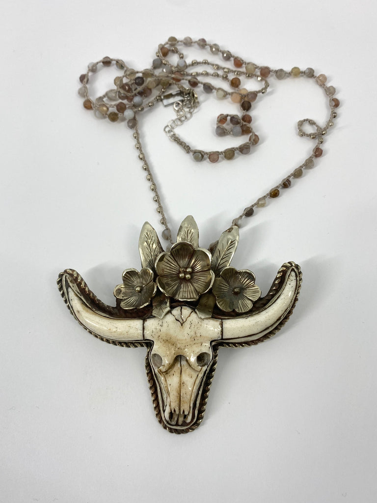 Sterling Carved Bone Longhorn 32" Necklace Flowers