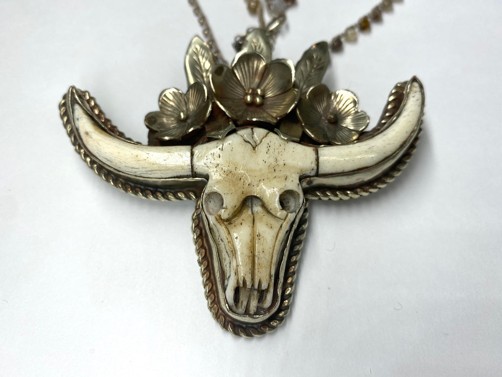 Sterling Carved Bone Longhorn 32" Necklace Flowers
