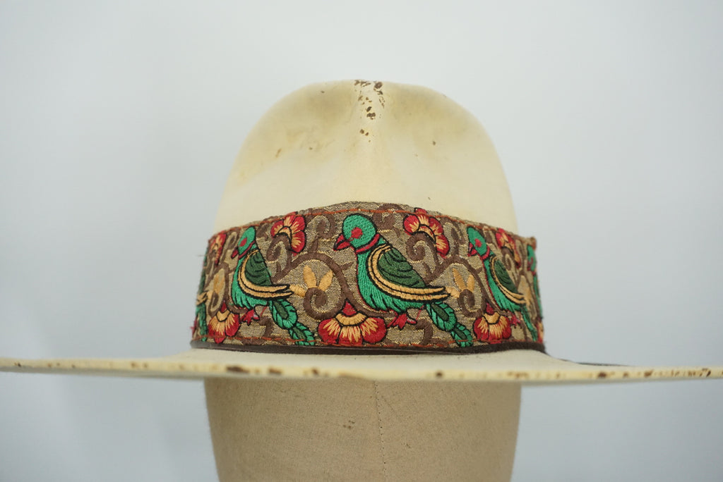Vintage Distressed Hat Floral Bird Band 6-7/8