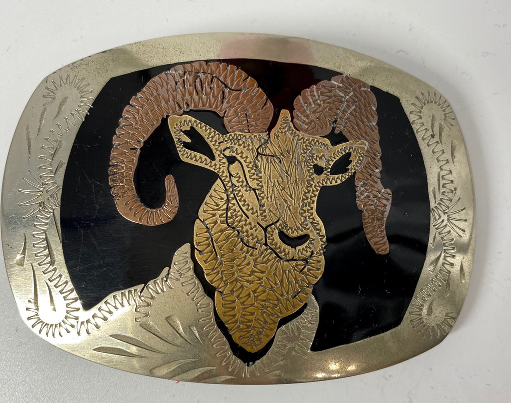 Ram Head Engraved Belt Buckle Tri Color