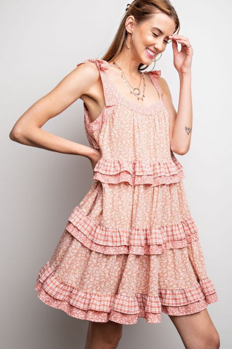 Pink Ruffled Sundress with Floral and Checked Pattern