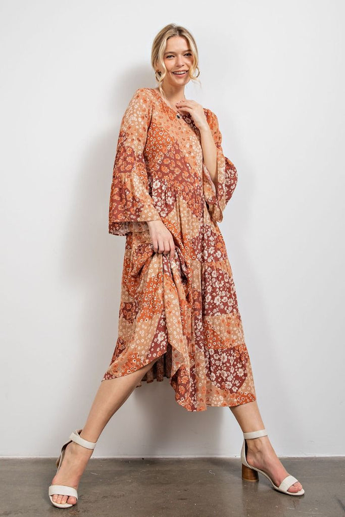 Bell Sleeve Floral Patch Printed Boho Midi Dress