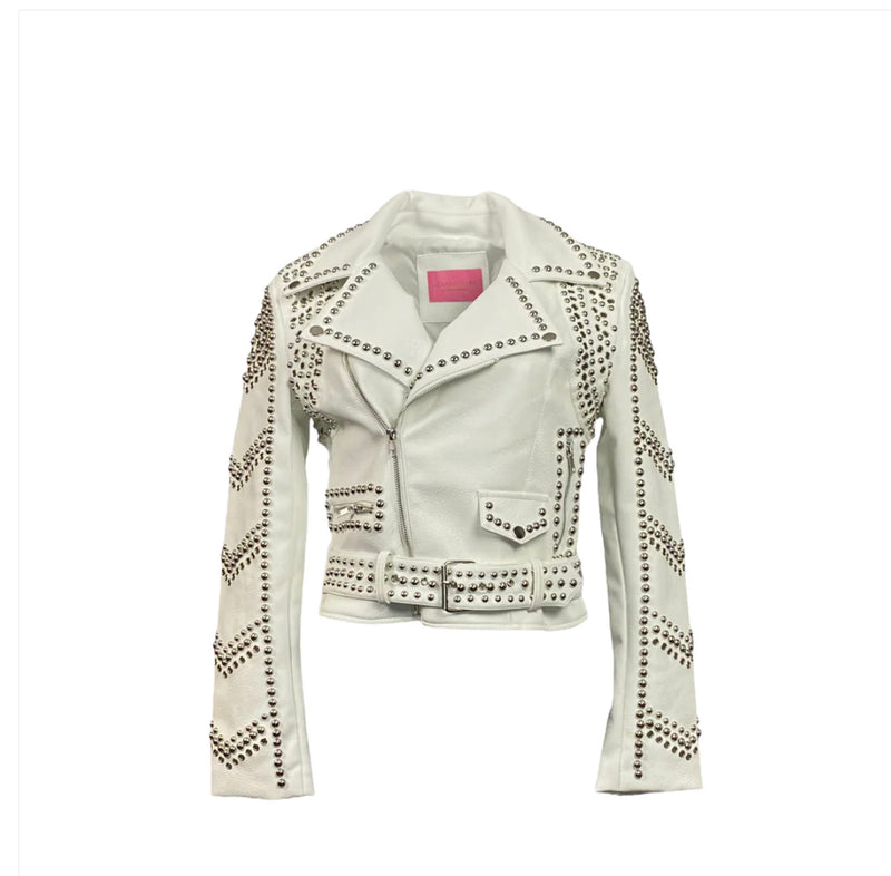 Pleather White Moto Studded Jacket
