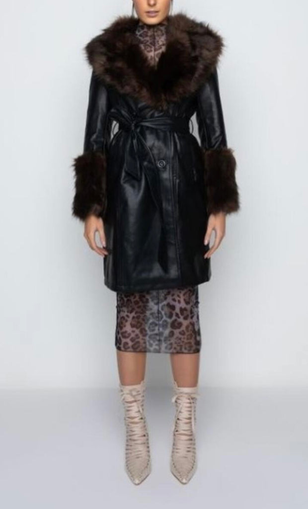 Estelle Black Pleather Faux Fur Knee Length Coat