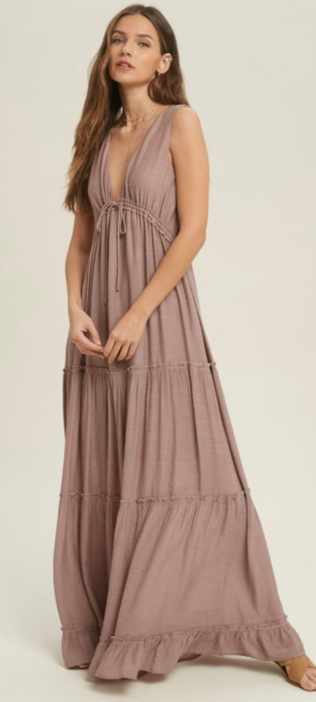 TIERED RUFFLE DETAIL MAXI DRESS WITH DRAWSTRING