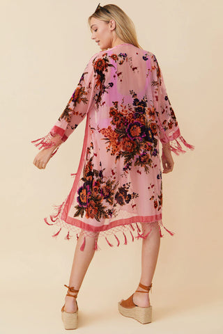 Pink Silk Hand Beaded Kimono with Fringe