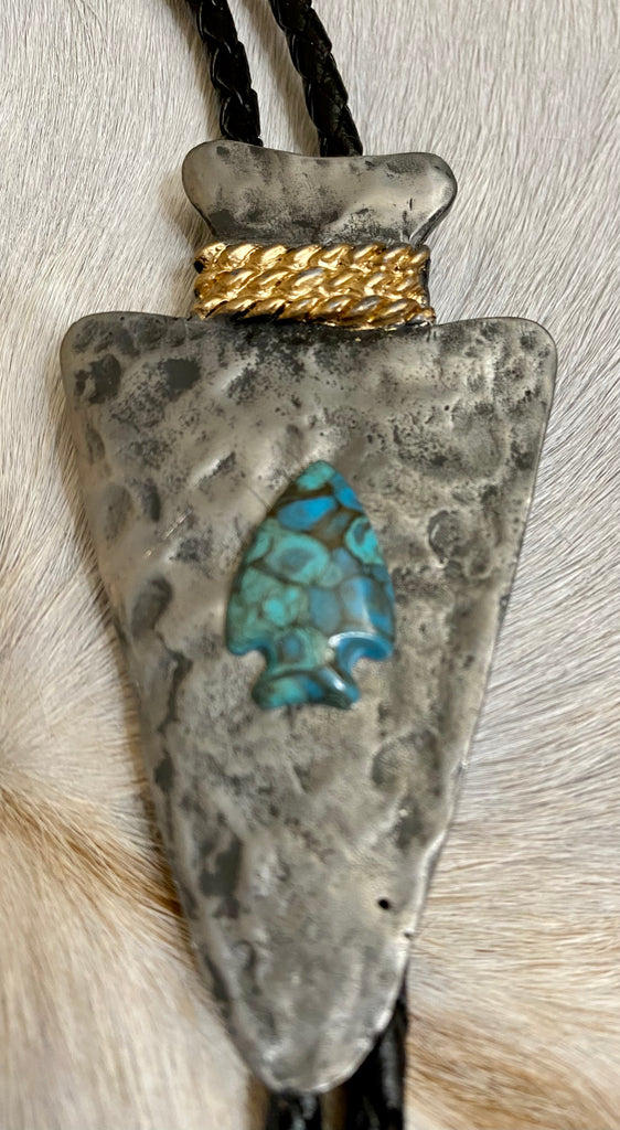 Patina Hammered Arrowhead with Turquoise Bolo Tie Statement Piece