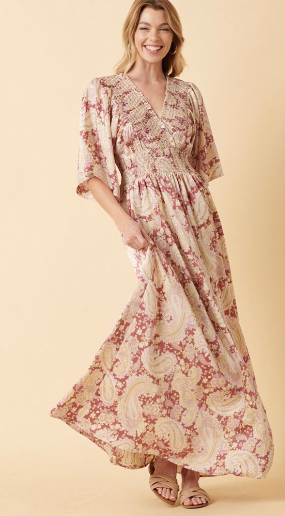 Paisley Print Smocking Maxi Dress