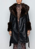 Estelle Black Pleather Faux Fur Knee Length Coat