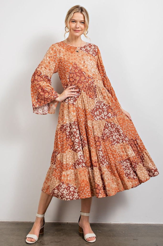 Bell Sleeve Floral Patch Printed Boho Midi Dress