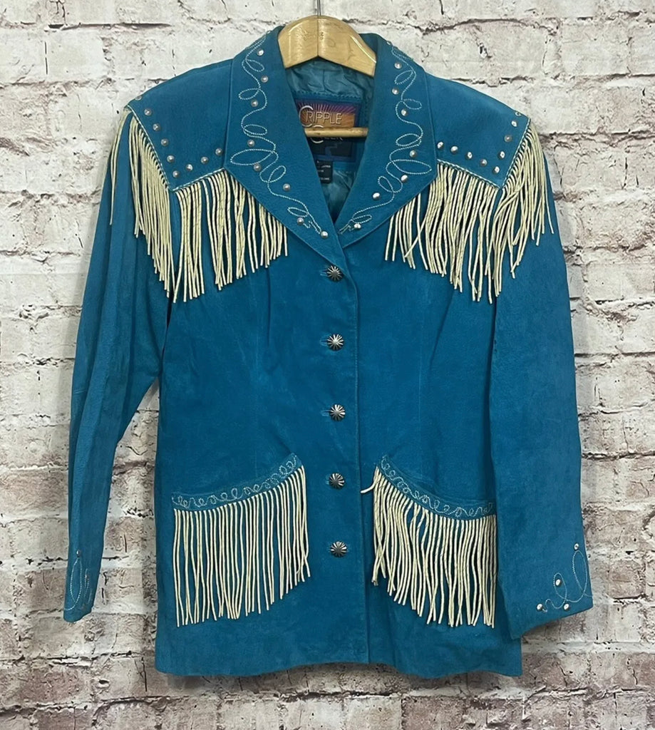 Rare Vintage Blue Suede Fringe Cowgirl Jacket L