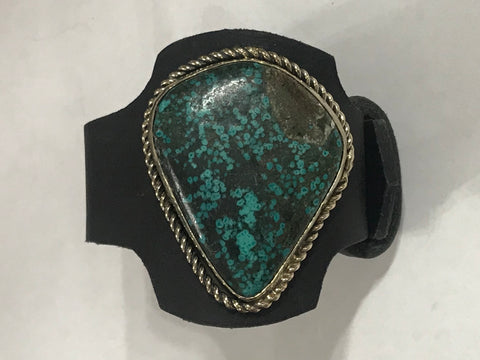 Turquoise Slab Black Leather Bracelet GS 2