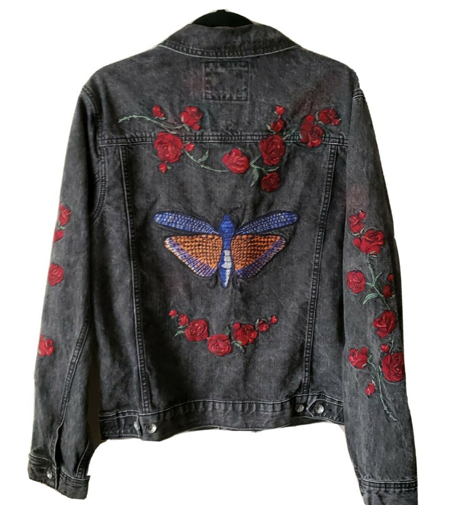 Custom Embroidered Moth Butterfly Red Roses Acid Washed Jean Jacket