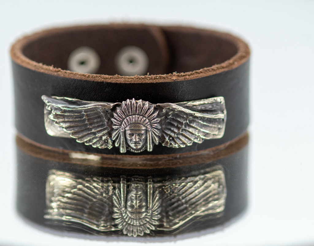 Bronze Indian Chief and Wings on Leather Strap Cuff Bracelet