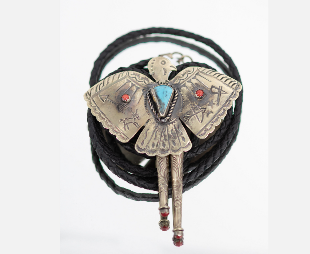 Thunderbird Bolo Tie with Turquoise & Coral