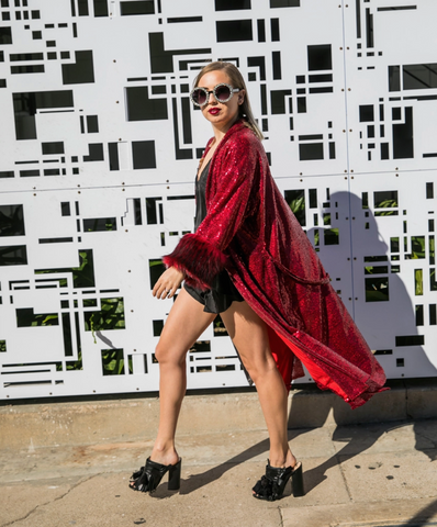 Red Full Sequin Kimono with Faux Fur and Belt