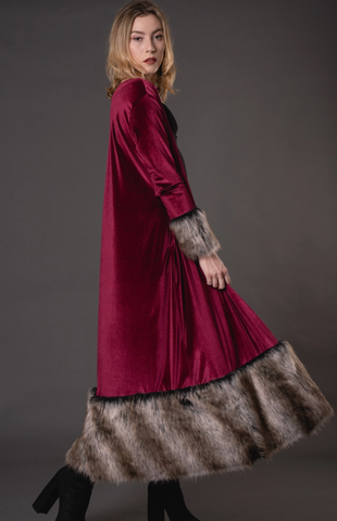 Burgundy Velvet Maxi Coat with Faux Faux Cuffs and Hem