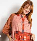 Rust Floral Print Boho Mini Shirt Dress