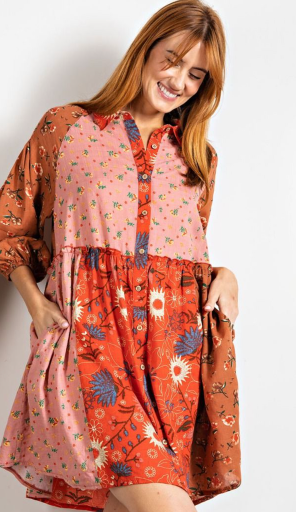 Rust Floral Print Boho Mini Shirt Dress