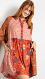 Rust Floral Print Boho Mini Shirt Dress