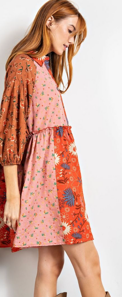Rust Floral Print Boho Mini Shirt Dress