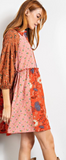 Rust Floral Print Boho Mini Shirt Dress