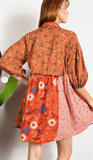 Rust Floral Print Boho Mini Shirt Dress
